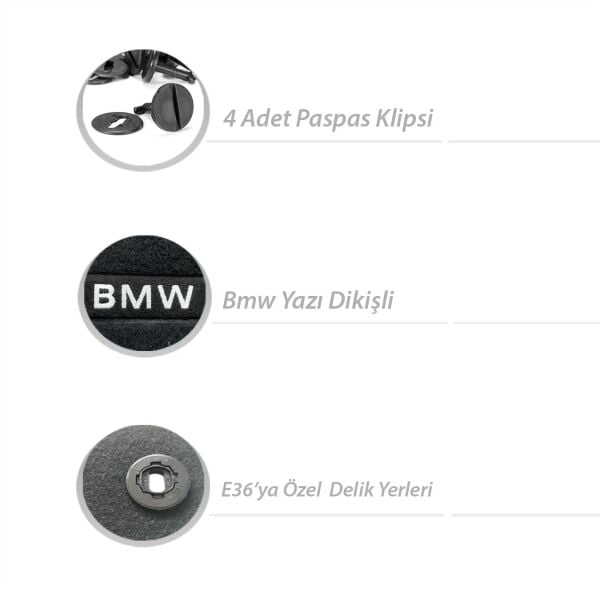 Bmw E36 Sedan Siyah Bmw Yazılı Halı Paspas