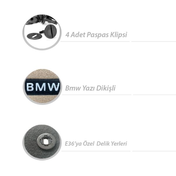 Bmw E36 Sedan Bej Bmw Yazılı Halı Paspas | Yerli Üretim