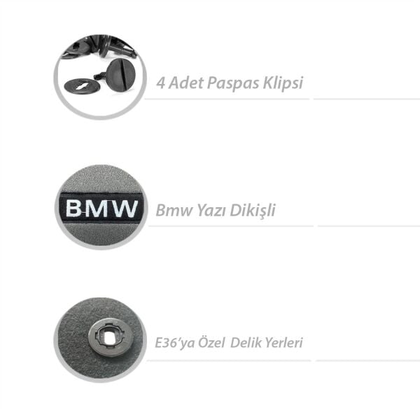 Bmw E36 Sedan Gri Bmw Yazılı Halı Paspas