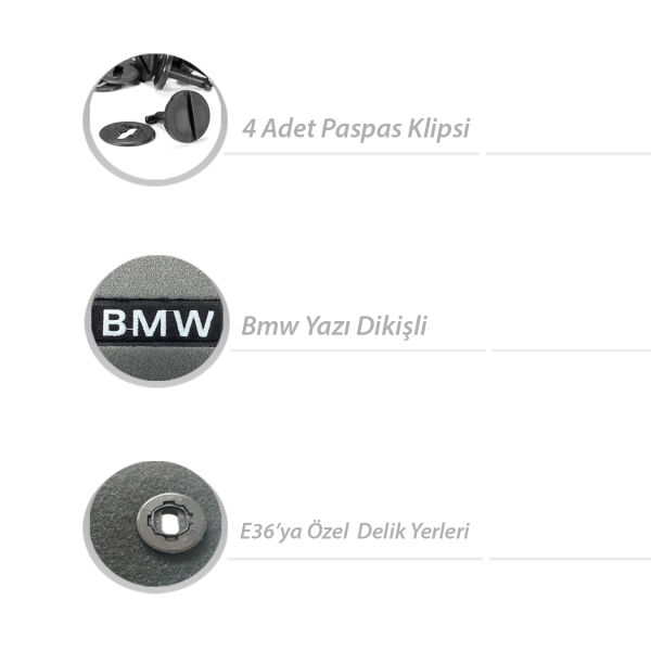 Bmw E36 Sedan Gri Bmw Yazılı Halı Paspas | Yerli Üretim